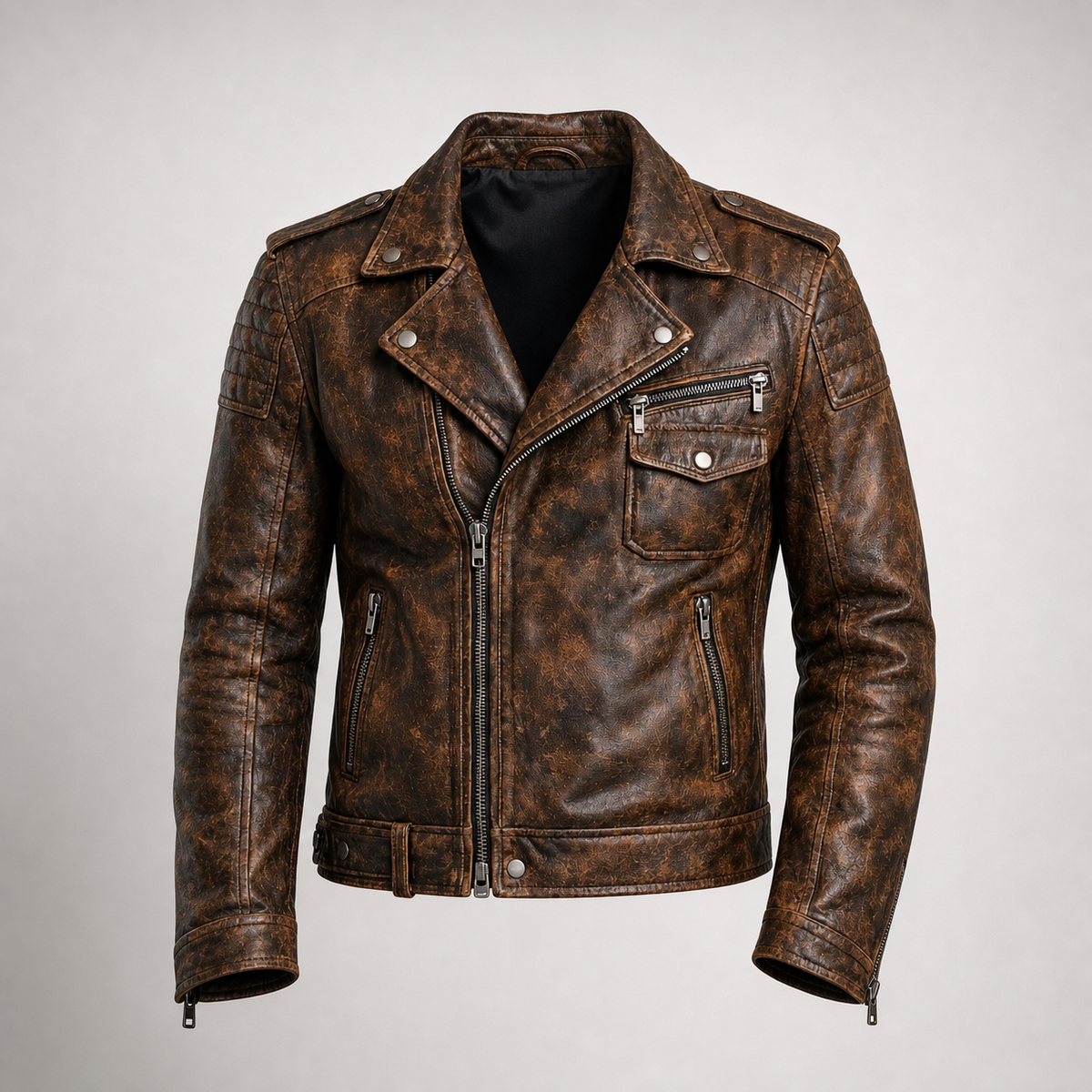 Men’s Vintage Distressed Brown Leather Biker Jacket – Genuine Leather Motorcycle Outerwear