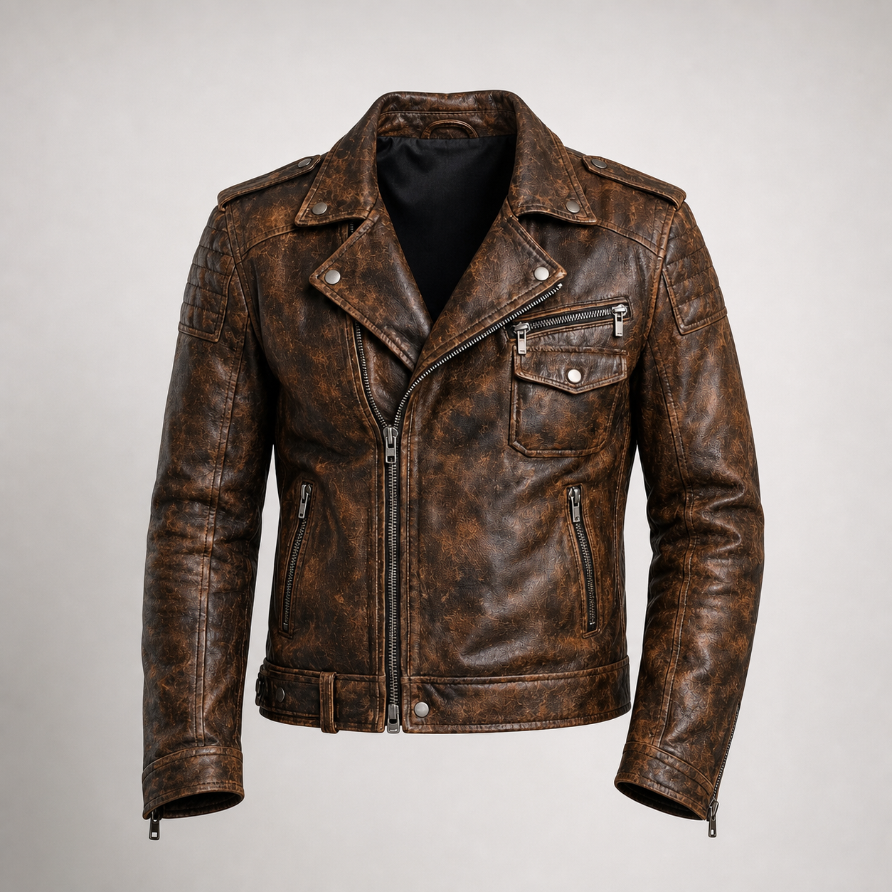 Men’s Vintage Distressed Brown Leather Biker Jacket – Genuine Leather Motorcycle Outerwear