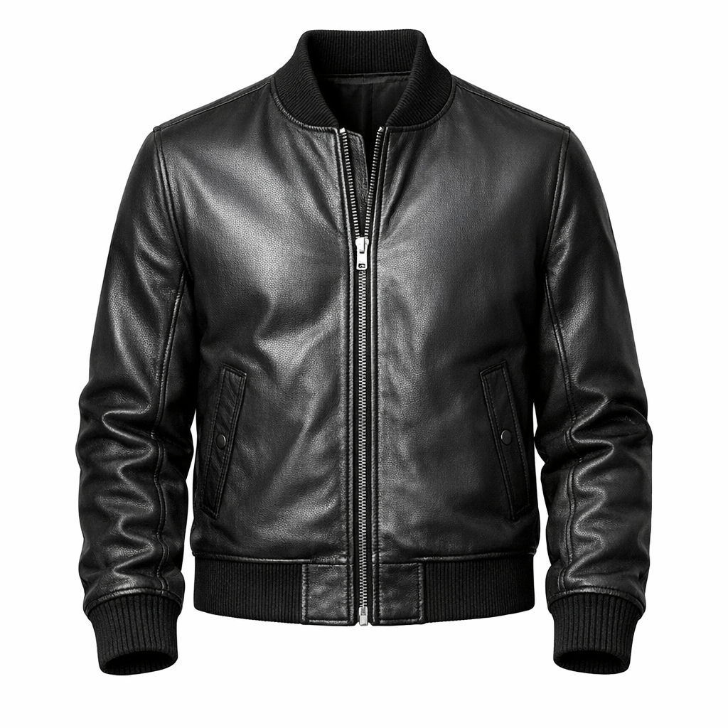 Men’s Black Leather Bomber Jacket – Classic Vintage Flight Style Outerwear