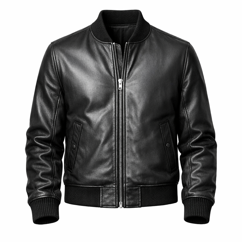 Men’s Black Leather Bomber Jacket – Classic Vintage Flight Style Outerwear