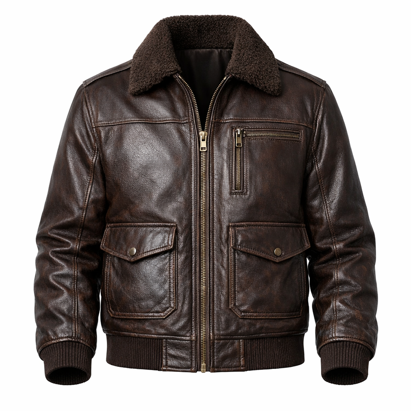 Men’s Dark Brown Leather Aviator Jacket – Sheepskin Inspired Vintage Flight Outerwear