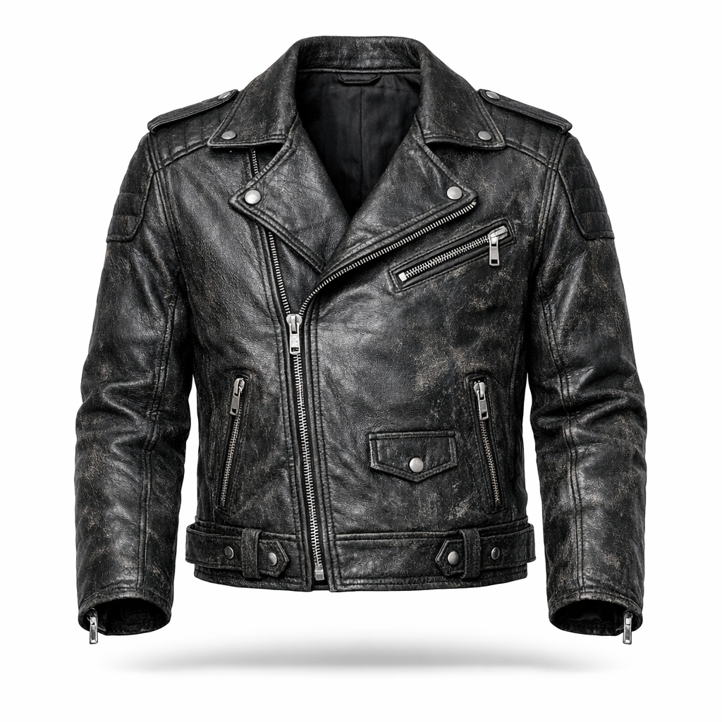 Men’s Black Distressed Leather Motorcycle Jacket – Vintage Leather Biker Outerwear