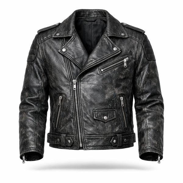 Men’s Black Distressed Leather Motorcycle Jacket – Vintage Leather Biker Outerwear