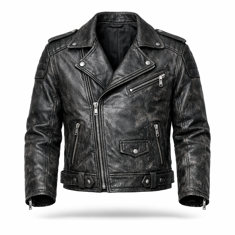Men’s Black Distressed Leather Motorcycle Jacket – Vintage Leather Biker Outerwear