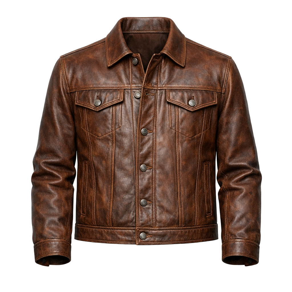 Men’s Vintage Brown Leather Trucker Jacket – Leather Casual Outerwear