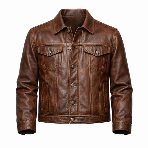 Men’s Vintage Brown Leather Trucker Jacket – Leather Casual Outerwear