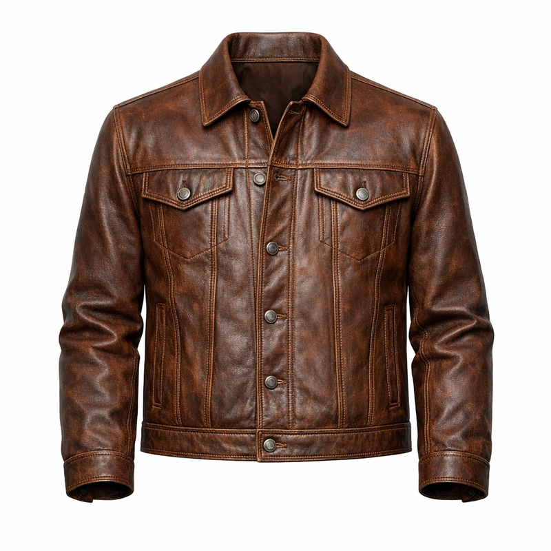 Men’s Vintage Brown Leather Trucker Jacket – Leather Casual Outerwear