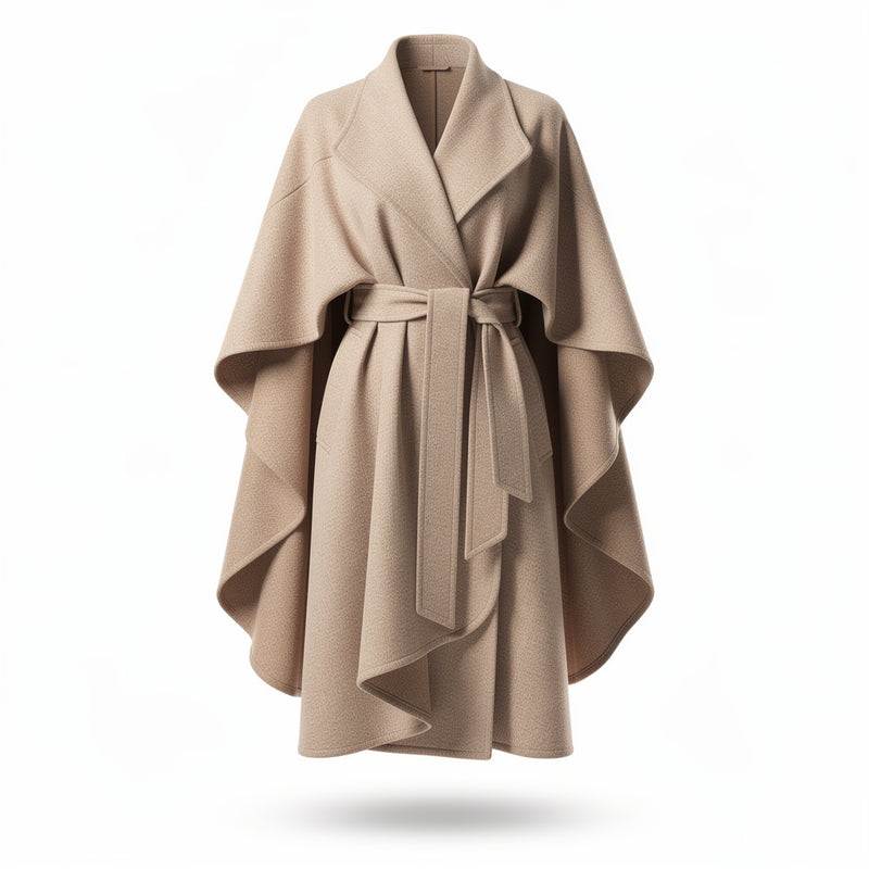 Women’s Wool Blend Cape Coat – Elegant Belted Poncho Style Winter Outerwear