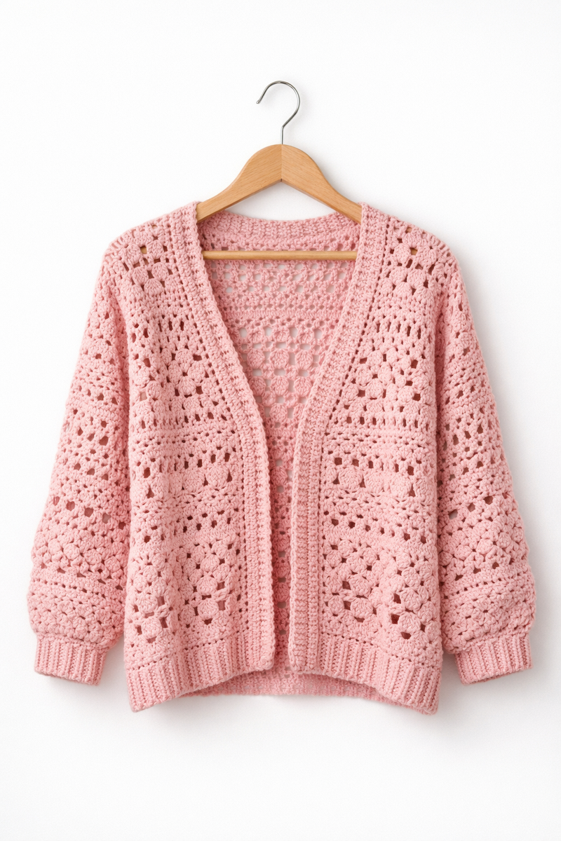Handmade Crochet Pink Blossom Cardigan – Soft, Cozy & One‑of‑a‑Kind