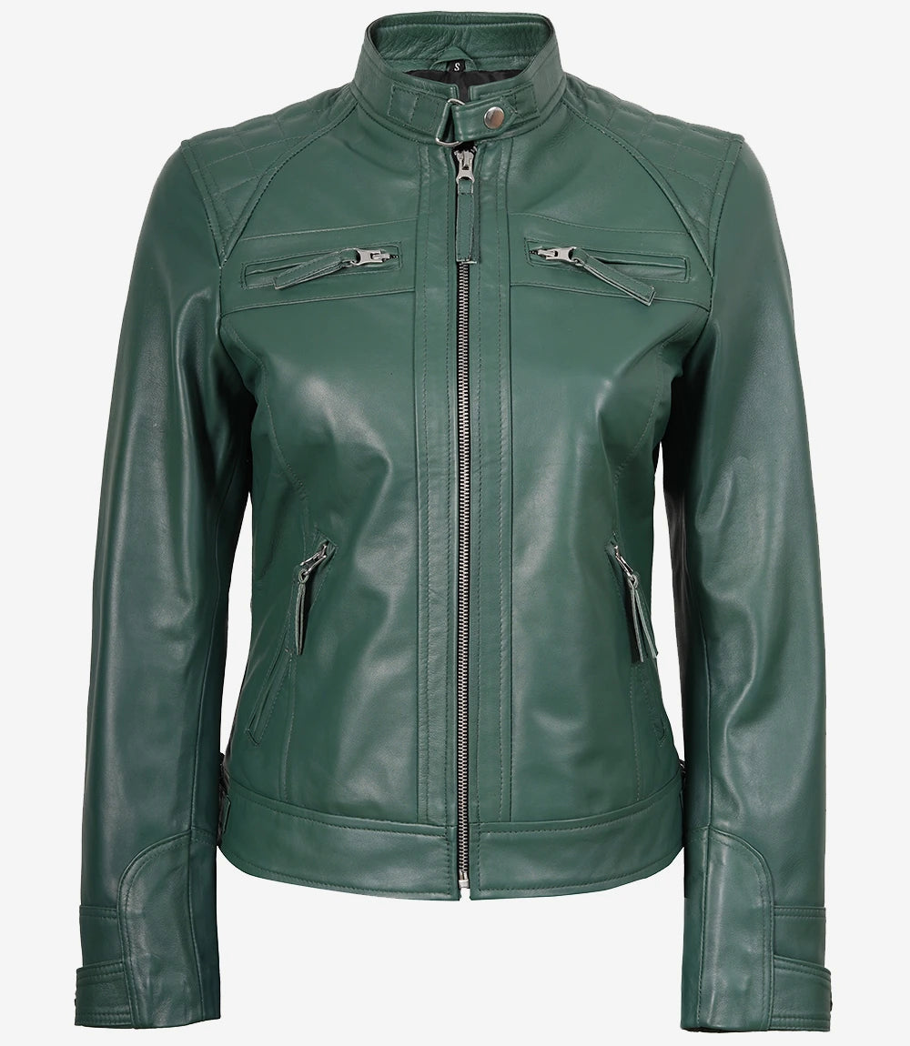 Womens Motorcycle Green Quilted Jacket